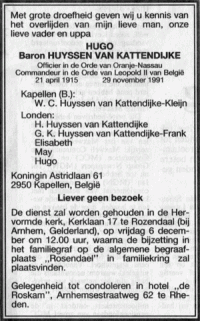 Overlijdensbericht H. (Hugo) baron Huyssen van Kattendijke (1991)